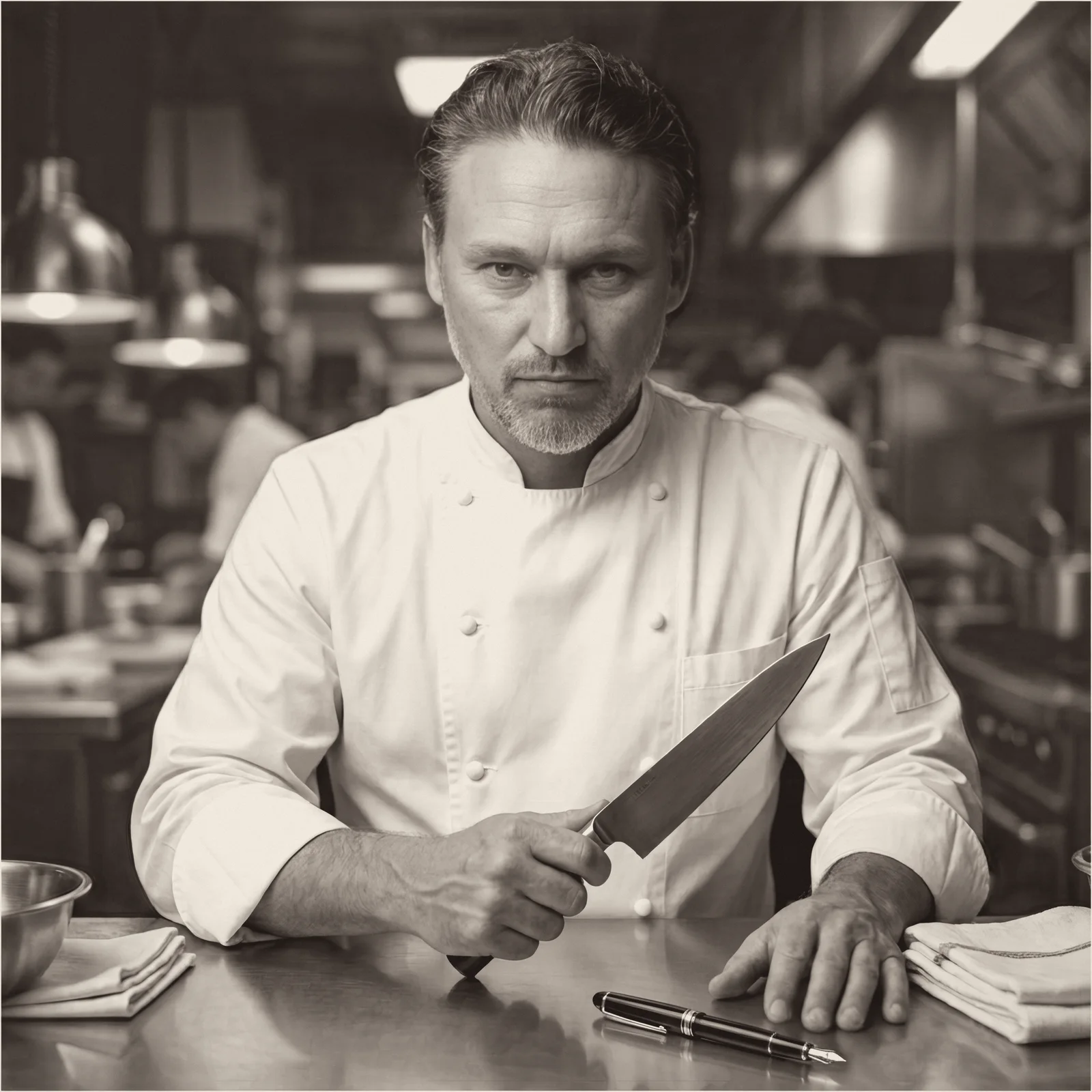 Daniel Hulme, founder of Ironmark, in chef whites at a professional kitchen pass